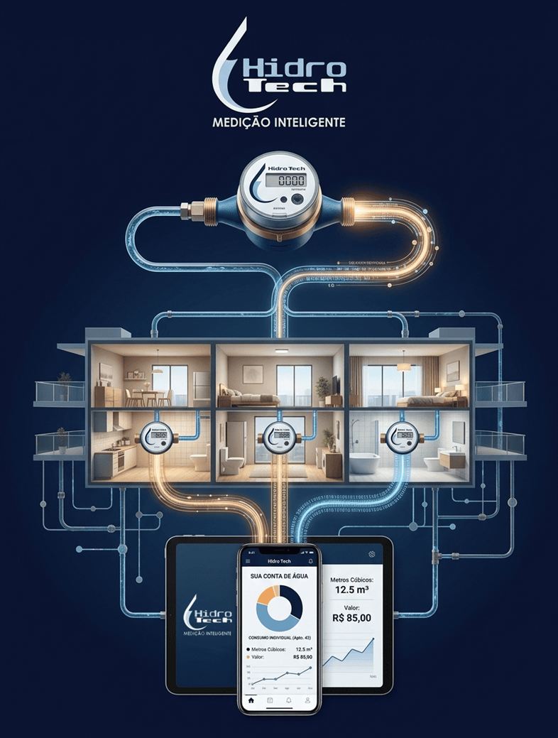 Ilustração do sistema de medição individual: hidrômetros nas unidades conectados a um aplicativo de consumo